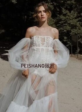 白色网纱长款蕾丝花边抹胸婚纱礼服手套造型拍照遮手臂袖蓬蓬袖子