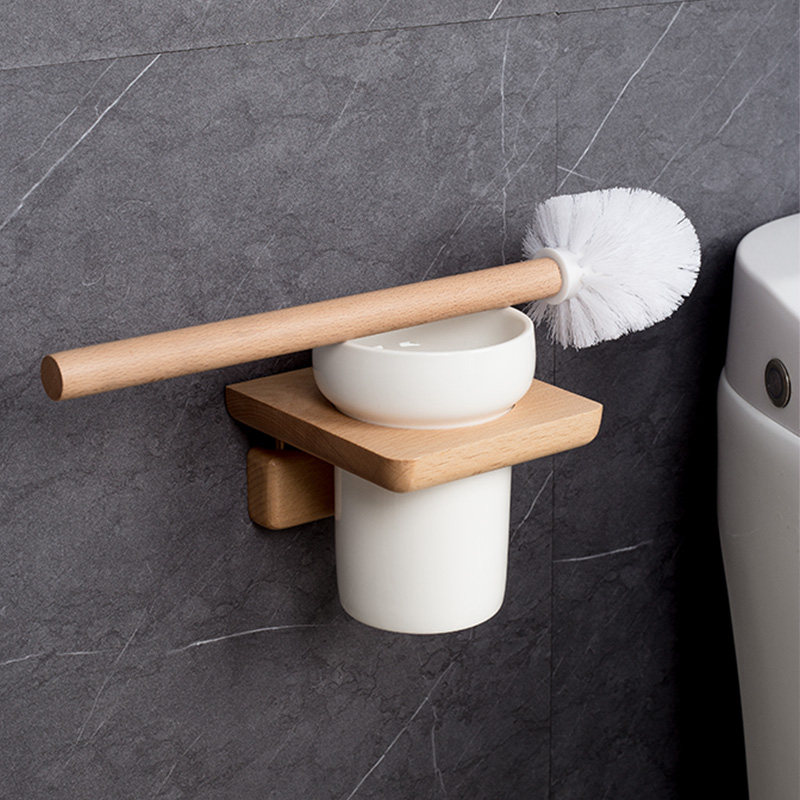 Toilet brush shelf solid wood new Chinese style household no dead corner toilet brush set wall-mounted bathroom light luxury