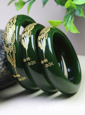 外蒙料碧玉白玉描金雕花手镯花开富贵金玉满堂羊脂白玉菠菜绿玉镯
