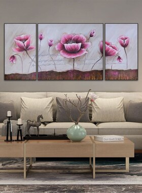 纯手绘三联复古美式油画客厅卧室壁画挂画酒店帆布装饰画