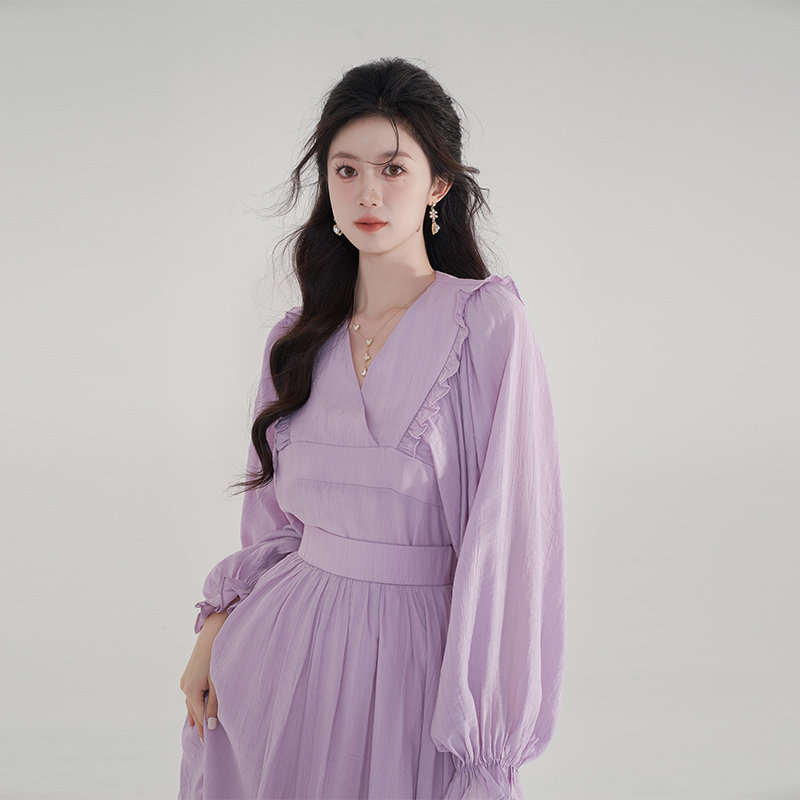 V领长袖灯笼袖绑带上衣收腰半身裙长裙两件套夏季紫色雪纺套装女,淘宝优惠券,粉丝福利购,淘宝优惠卷