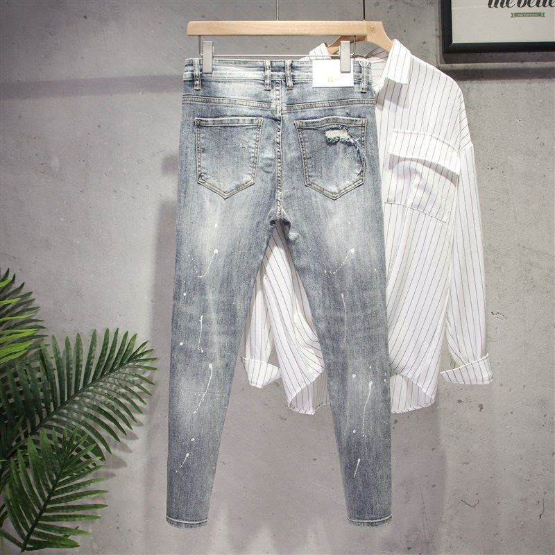 浅色破洞牛仔裤男九分漆点帅气拉链潮牌弹力夏季薄款修身小脚9分,淘宝优惠券,粉丝福利购,淘宝优惠卷