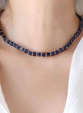 美拉德天然方形青金石头颈链高级小众轻奢波西米亚风格十字