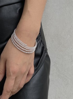 轻奢银色满钻水晶多层弹力手镯女简约时尚素圈臂环手链小众手环潮