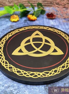 凯尔特结黑色水晶摆件木质杯垫案手工雕刻摆件金图蜡烛几何托盘