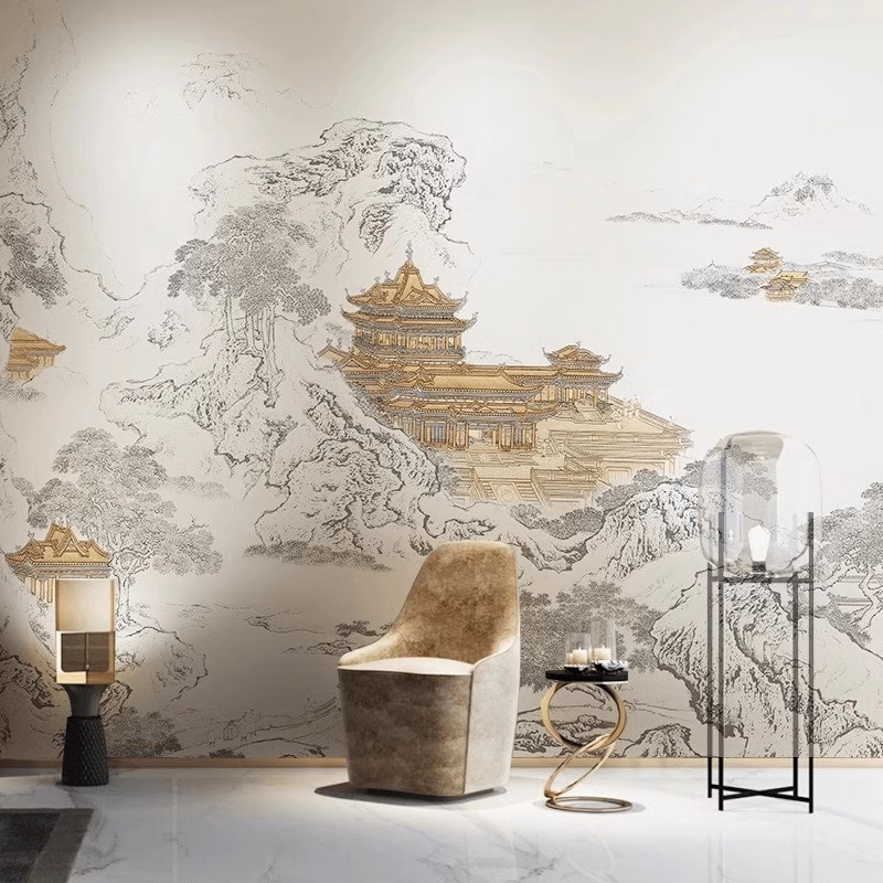 3d立体感浮雕新中式墙纸中国风客厅壁布硬包背Q景墙布酒店装修壁 - 图2