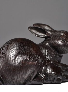 动物兔母子兔摆件檀木十二生肖家居红木书房装饰雕黑开业礼品实木