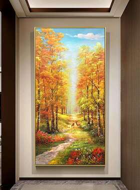 纯手绘油画欧式玄关装饰画美式轻奢过道壁画竖版风景挂画福禄双全