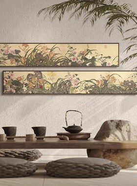 新中式细长装饰画客厅沙发背景墙壁画餐馆餐厅花鸟清新中古风挂画