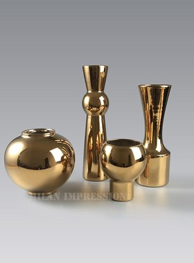 现代轻奢金色陶瓷花器摆件样板间会所酒店家具展厅软装饰品定制