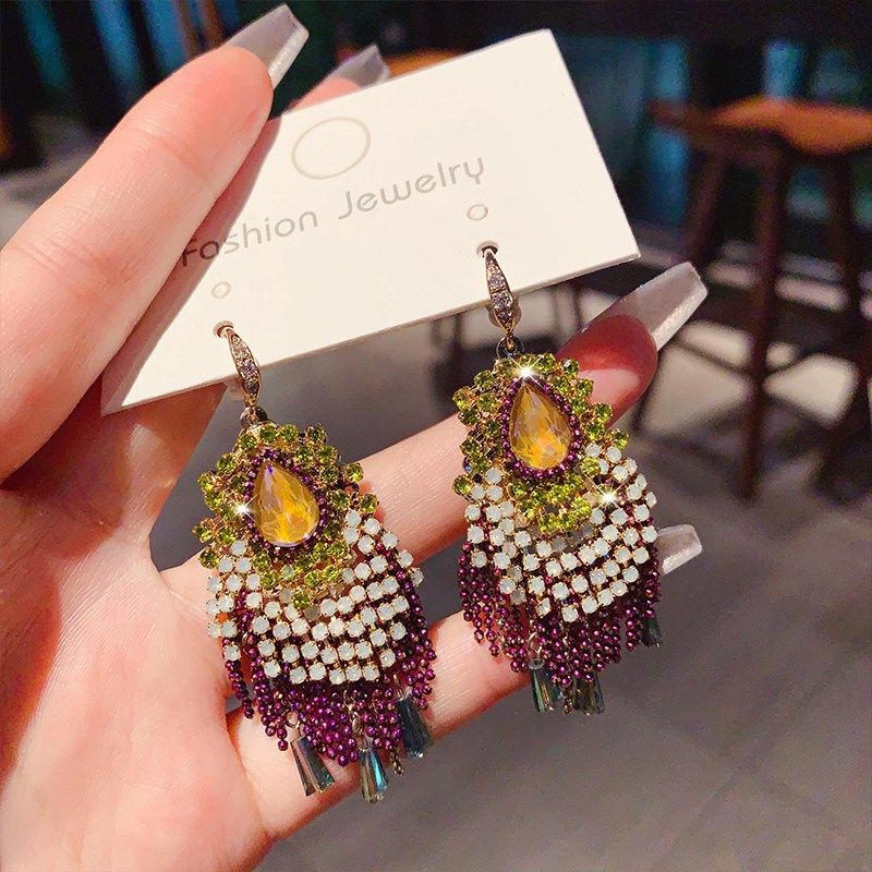 韩国轻奢复古风重工超闪水钻流苏耳坠耳环女时尚气质高级感耳饰品,淘宝优惠券,粉丝福利购,淘宝优惠卷