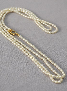法式淡水米粒珍珠温柔高贵温婉气质简约OT扣叠带毛衣链长款项链女
