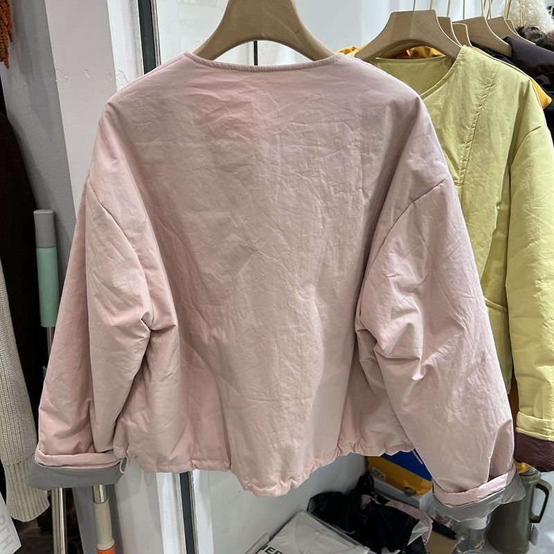 撞色短款圆领夹棉外套女冬季新款2024高级感气质时尚羽绒棉衣棉服,淘宝优惠券,粉丝福利购,淘宝优惠卷