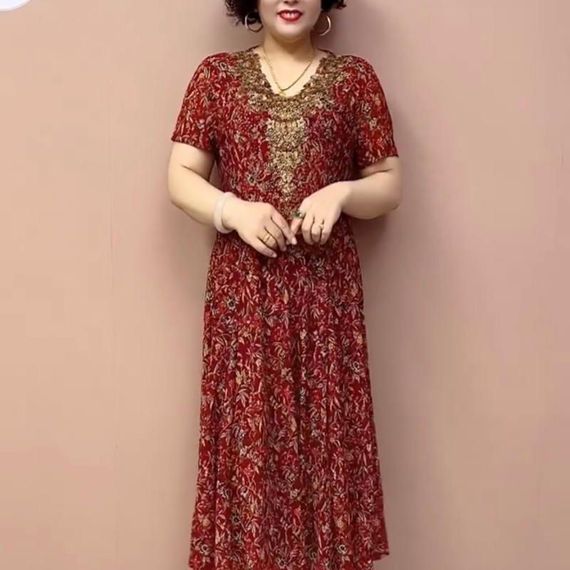 网红妈妈短袖连衣裙夏季新款高弹网纱印花显瘦过膝长裙V领烫钻裙,淘宝优惠券,粉丝福利购,淘宝优惠卷