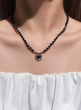 简约黑色串珠爱心项链女配饰小众设计感高级感精致锁骨链颈链饰品