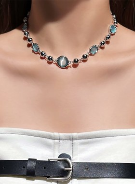 黑姑姑饰品蓝色锆石项链女锁骨链轻奢小众高级感配饰2024新款爆款