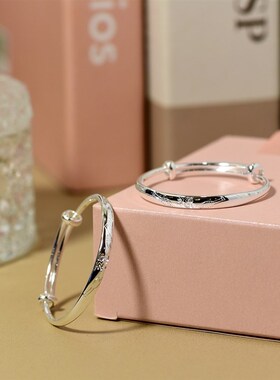 兔男女宝宝银手镯999纯银实心光面小孩银镯子一对满月周岁礼银饰