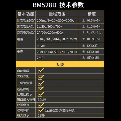 滨江数字钳形表万用表数显交流电流表BM5266/BM528D测电容200uf - 图1