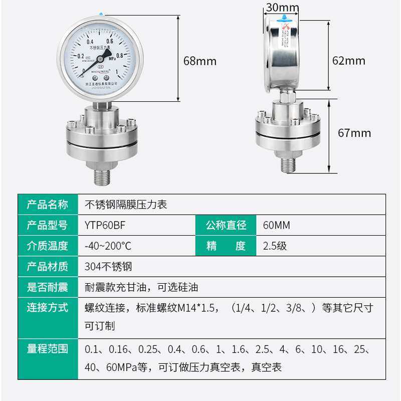 隔膜压力表YTP60BF/ML 不锈钢304 316L膜片防堵型耐腐蚀M14*1.5,淘宝优惠券,粉丝福利购,淘宝优惠卷