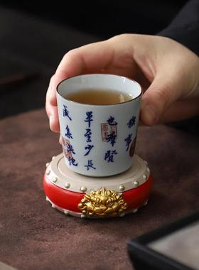 国风新中式红色圆形钟鼓工艺品摆件茶壶底座盖置博古架书房装饰品