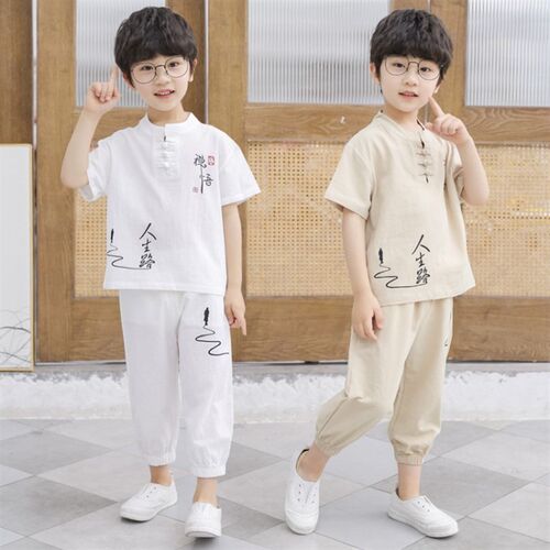 男童汉服夏小学生中国风夏装套装薄款少爷服幼儿园古装演出服六一 - 图0