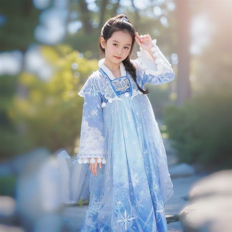 女童汉服儿童冬季加绒斗篷襦裙唐朝古装公主蓝色冰雪加厚拜年日常 - 图0