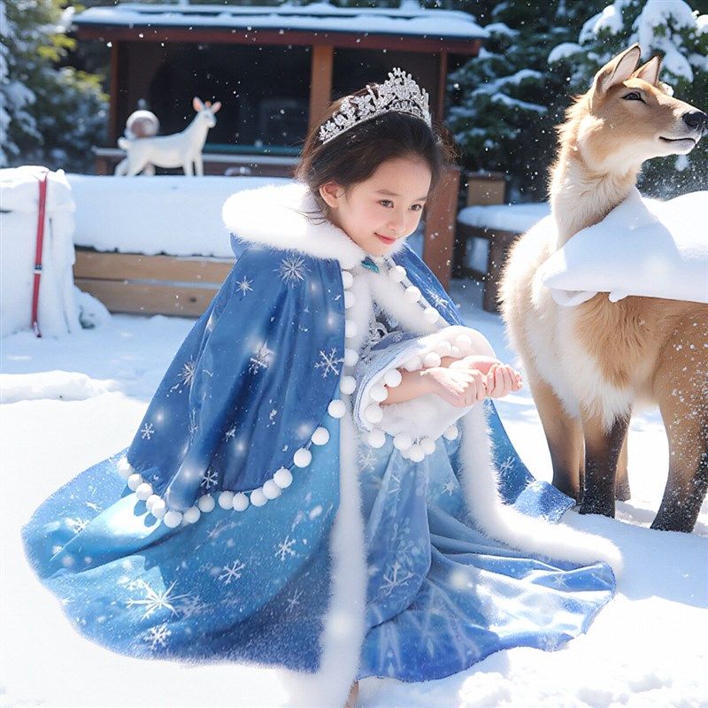 女童汉服儿童冬季加绒斗篷襦裙唐朝古装公主蓝色冰雪加厚拜年日常 - 图3