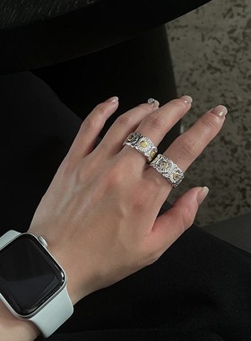 Always 高级感时尚气质小雏菊镶嵌锆石开口戒指个性Y食指戒指环女