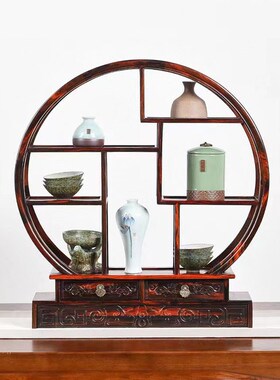 老挝大红酸枝圆形两抽博古架中式仿古多宝阁置物架茶具古董展示架