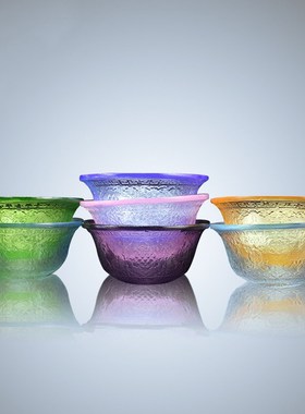 藏式古法七彩琉璃供水杯八吉祥供碗透明白水晶圣水杯家用供台摆件