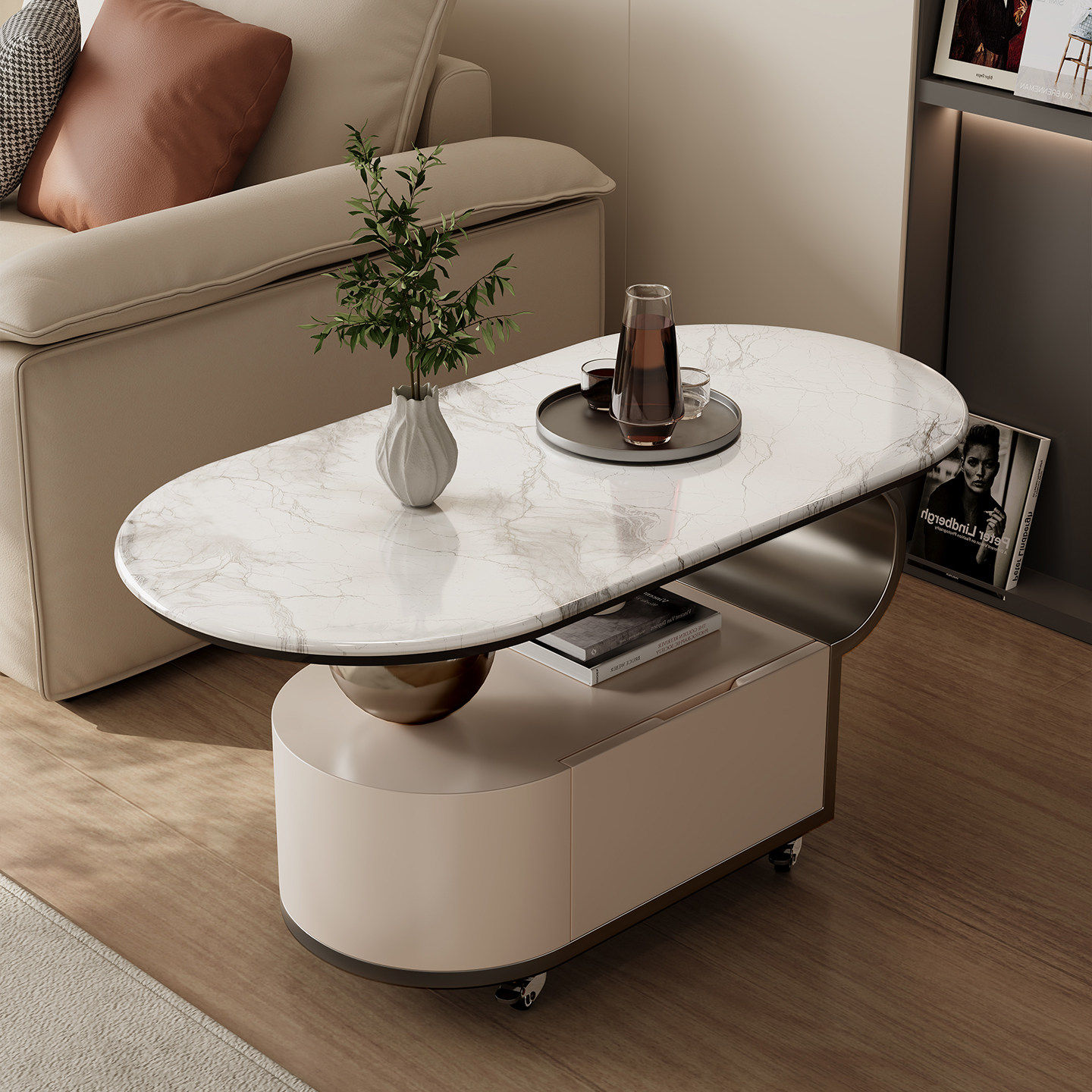 现代简约椭圆形移动边几带轮储物茶几小推车客厅超晶石推车茶几,淘宝优惠券,粉丝福利购,淘宝优惠卷
