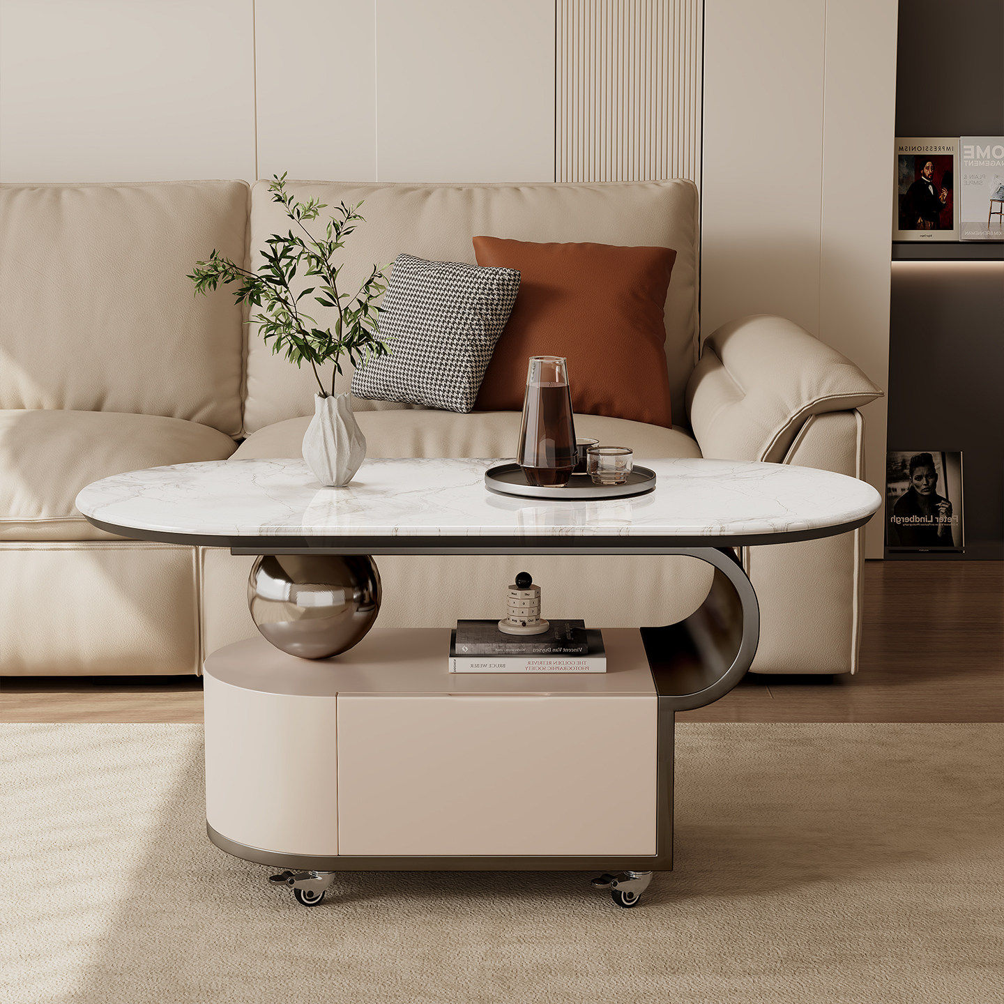 现代简约椭圆形移动边几带轮储物茶几小推车客厅超晶石推车茶几,淘宝优惠券,粉丝福利购,淘宝优惠卷