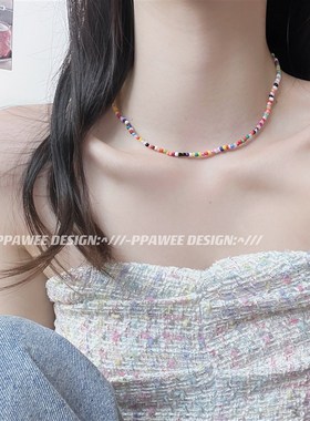 彩色手工串珠小众颈链2024新款米珠项链夏日多巴胺锁骨链女高级感
