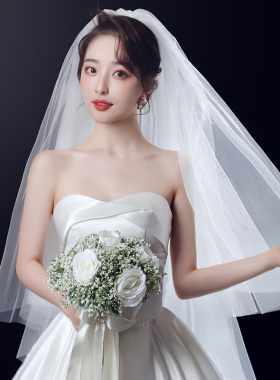 新款头纱新娘主婚纱白色长款香槟色拖尾头饰超仙森系结婚拍照蓬蓬