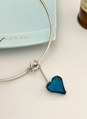 韩国时尚蓝色水钻爱心吊坠拼接项圈 气质百搭高级感锁骨链配饰女