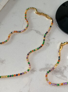 多巴胺穿搭彩色满钻锆石项链女轻奢小众设计高级精致手链颈链套装