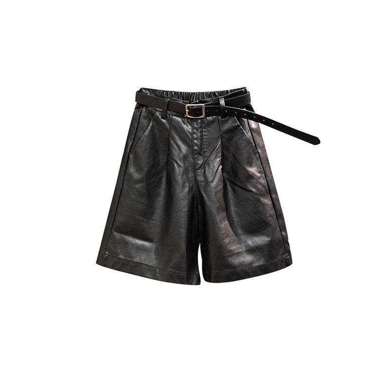 黑色PU皮休闲五分短裤女春季新款时尚宽松洋气半松紧腰阔腿中裤潮,淘宝优惠券,粉丝福利购,淘宝优惠卷