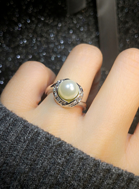 日韩版简约超值百搭空姐女交错时尚碎钻富贵黑白珍珠食指戒指指环