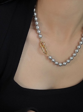 高级感灰色珍珠项链女韩国小众复古个性简约百搭气质颈链锁骨链