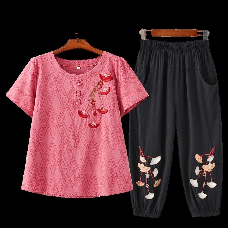 时尚中年妈妈春装套装绣花短袖棉麻T恤长裤两件套洋气中老年女装,淘宝优惠券,粉丝福利购,淘宝优惠卷