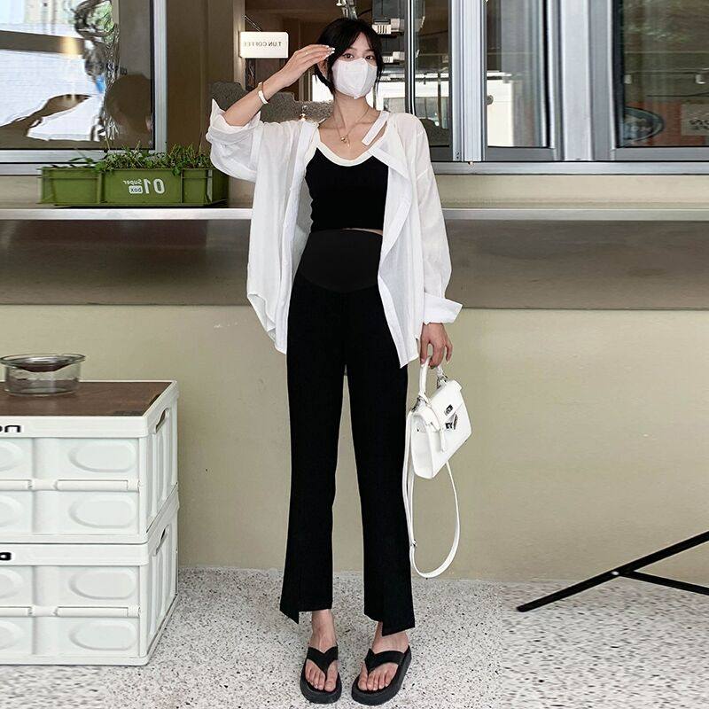 孕妇裤子夏季外穿时尚黑色开叉微喇西装裤九分不规则直筒阔腿裤潮,淘宝优惠券,粉丝福利购,淘宝优惠卷