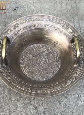仿古摆件古铜盆老铜盆龙洗盆鱼洗盆纯铜聚宝盆家用风水招财客厅