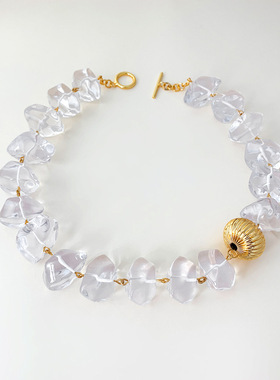 中古风小众vintage蓝色高透明彩色不规则树脂串珠项链毛衣链