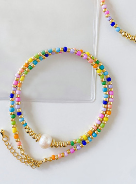 欧美首饰海滩度假波西米亚风彩色玻璃米珠串珠天然淡水珍珠项链女