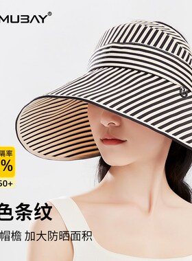 日系防晒帽子女太阳帽大帽檐全方位遮脸条纹半空顶遮阳帽可扎马尾