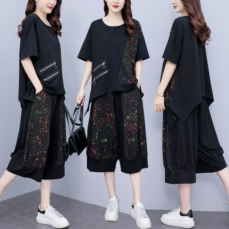 胖MM拼接印花短袖T恤+裤子两件套女2025夏季大码女装休闲时尚套装,淘宝优惠券,粉丝福利购,淘宝优惠卷