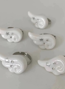 水钻天使翅膀戒指可爱亚文化个性小众辣妹开口戒风星星指环