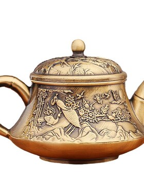 黄铜茶壶喜鹊枝头壶茶道茶具家居办公桌面装饰金属工艺品摆件