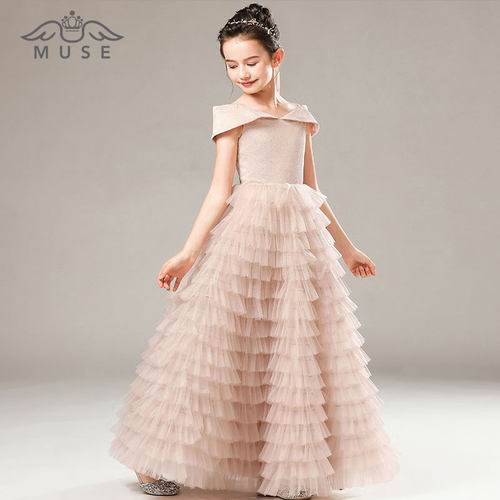 一字肩儿童礼服粉色公主裙钢琴演出服主持蛋糕礼服裙生日蓬蓬长裙 - 图0