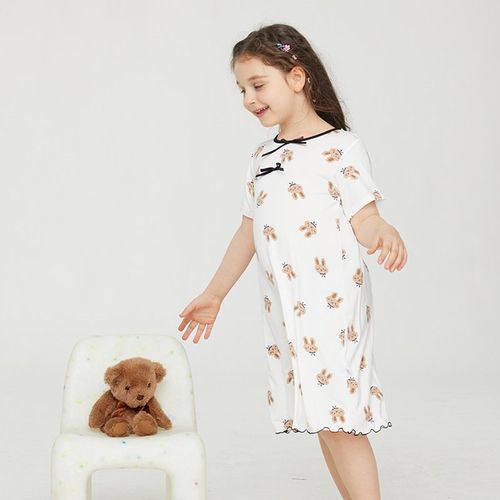 女童睡裙夏季竹纤维短袖薄款公主风儿童睡衣宝宝小女孩大童冰丝款 - 图1